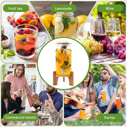 1.3 Gallon Drink Dispenser, Glass Beverage Dispenser with Wood Stand, Lemonade Dispenser with Airtight Valve and Stainless Steel Spigot Fruit Infuser, Thick Drink Dispenser for Parties Restaurants