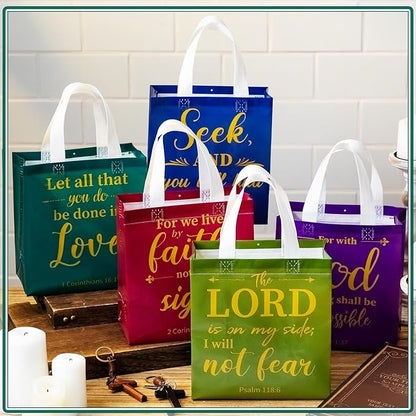 HunnmingRe 16 Pcs Christian Gift Bags Bulk, Easter Reusable Religious Bible Verse Tote with Handles Non Woven Scripture Pastor Blessing Gift for Baptism Church Wedding Favors