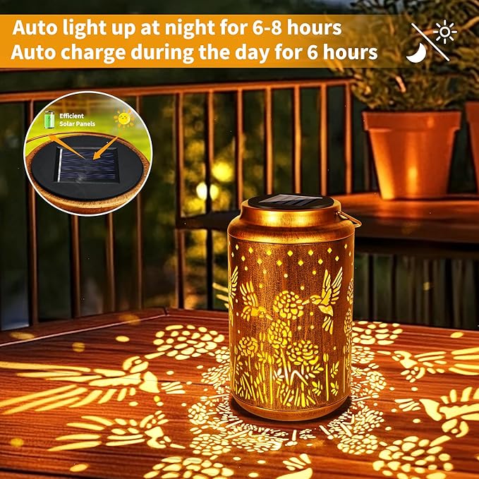 Brizled Hummingbird Solar Lanterns, Outdoor LED Hanging Solar Lights, Warm White Garden Tabletop Lantern Light, Mother's Day Birthday Decorative Gifts for Mom Grandma Women, for Patio Balcony Path