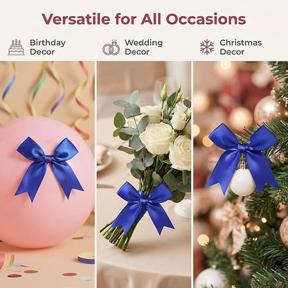 Royal Blue Gift Wrap Bows - 50 Pcs 3.3 Inch Elegant Metallic Bows for Men's Gifts, Corporate Events, Father's Day, Wedding Decor, Christmas, Birthday, Party Decorations (Includes 50 Adhesive)