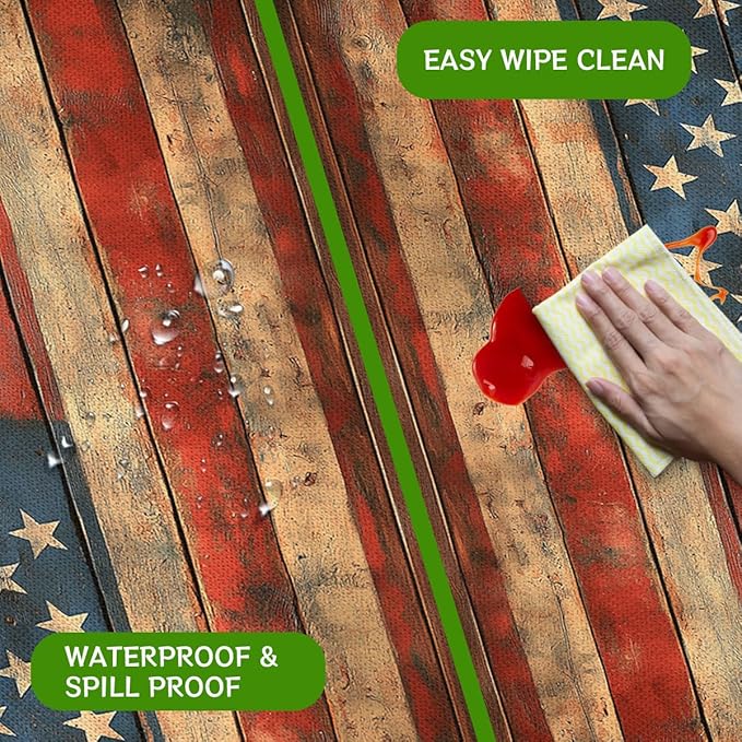 American Flag Picnic Table Cover with Bench Covers and Carrying Bag, Wooden Planks Texture Rectangle Table Cover, Outdoor Patio Camping Essentials 6FT 4PCS, Camping Fitted Tablecloth