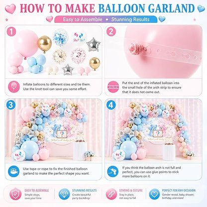 Boy or Girl Gender Reveal Decorations Kit, Bear Theme Balloon Garland with Backdrop, 125 PCS He or She Gender Reveal Party Supplies for Soft Pastels Pink and Blue Revelacion De Sexo De Bebe