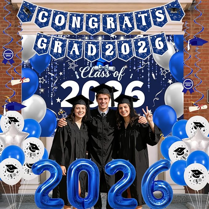 Navy Blue Graduation Decorations 2026, Silver and Blue Graduation Party Decorations Class of 2026 Backdrop, Congrats Grad Banner Streamers Balloons Foil 2026 Balloons College High School Master Phd