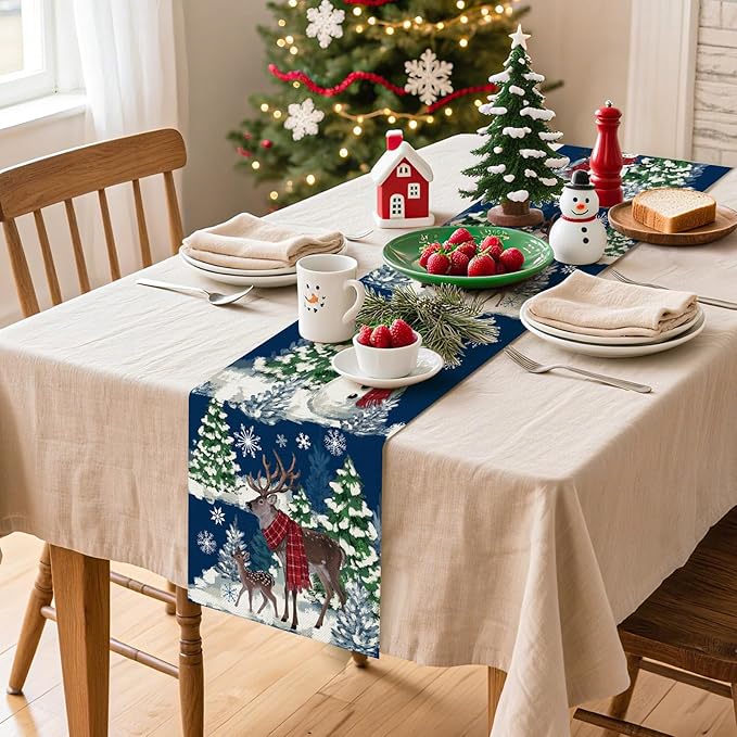 Artscope Reindeer Snowman Christmas Tree Table Runner, Xmas Winter Snowflakes Holiday Kitchen Dining Table Decoration for Christmas Home Party Decor 13x72 Inch-Blue