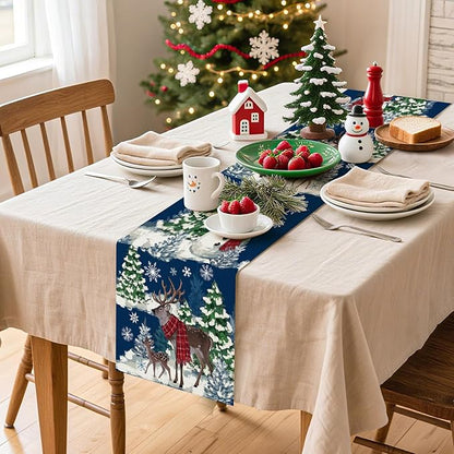 Artscope Reindeer Snowman Christmas Tree Table Runner, Xmas Winter Snowflakes Holiday Kitchen Dining Table Decoration for Christmas Home Party Decor 13x72 Inch-Blue
