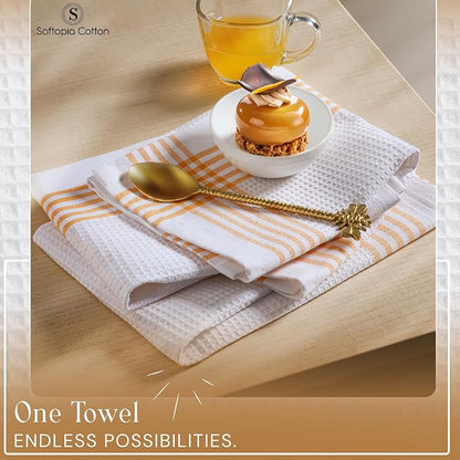 Waffle White & Mustard Yellow Set of 4 Kitchen Towels, 100% Cotton, 16x26 inches, Soft and Durable Dish Towel, Quick Dry Dishcloths, Ideal for Drying Dishes, Cleaning, Wiping
