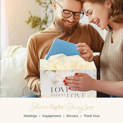 Christian Art Gifts Large Landscape Inspirational Scripture Gift Bag, Tag & Tissue Wrapping Paper Set for Wedding Presents: Love is Kind Encouraging Bible Verse,Satin Ribbon Handles, White Rose Floral