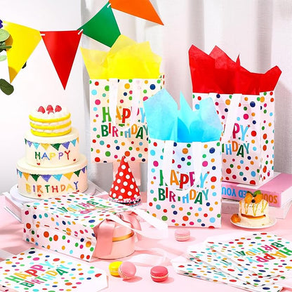 Supervitae 24 Pack Happy Birthday Gift Bags Bulk Medium Rainbow Polka Dot Party Favor Bags Reusable Totes Non Woven Goodie Totes for Birthday Baby Shower Wedding Party Supplies(9.8" x 7.9" x 3.9")