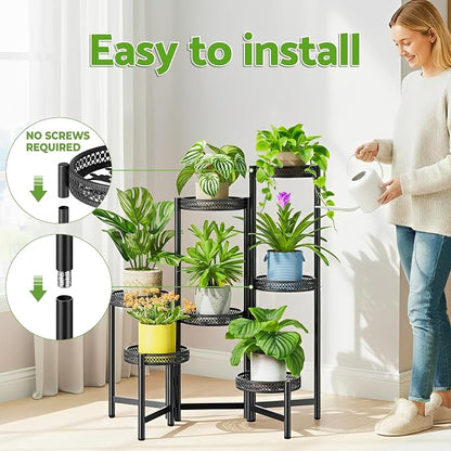 7 Tier Large Metal Plant Stand Indoor Outdoor with 7.9 Inch Wide Tray, Tiered Corner Plant Stand, Flower Display Holder Shelf, Folding Tall Rack for Patio Porch Balcony Living Room Garden - BlackWave