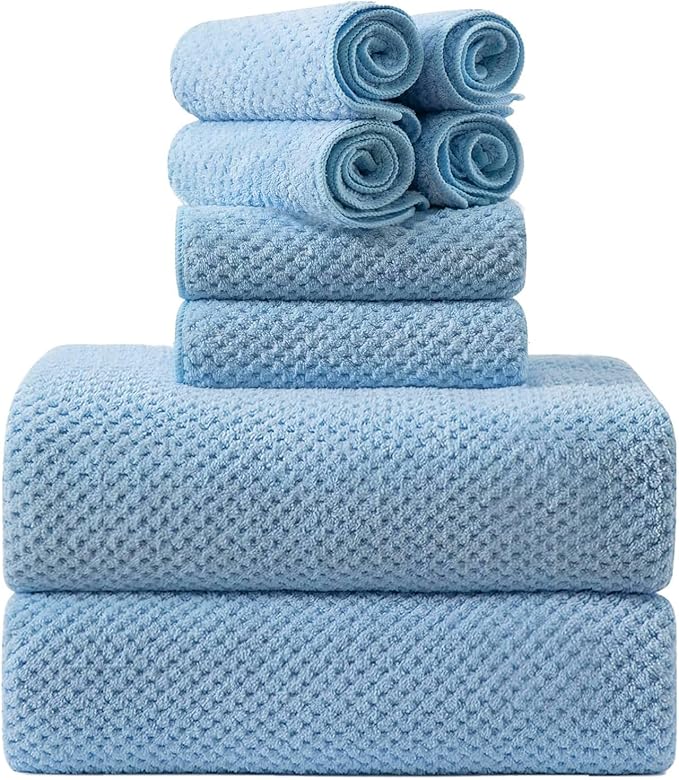 8-Piece Bath Towel Set, 2 Extra Large Bath Towel Sheets, 2 Hand Towels and 4 Washcloths - Highly Absorbent Quick Dry Microfiber,Ultra Soft Towel Set for Bathroom, Waffle Weave Design, Pack of 8(Blue)