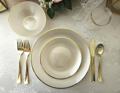 " OCCASIONS " 100 Plates Pack,(50 Guests) Premium Wedding Party Disposable Plastic Plates Set -50 x 10'' Dinner + 50 x 7'' Salad/Dessert (Belize in Ivory & Gold)