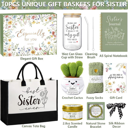 Best Sisters Gifts from Sister, Christmas Gifts for Sisters Birthday Gift from Brother, Funny Sister-in-Law Unique Soul Sis Gift Basket for Best Friends with Canvas Tote Bag 16Oz Can Glass Cup