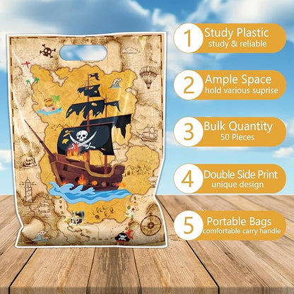 Falueqg Pirate Party Favor Bags - 50 Pcs Pirate Goodie Candy Gift Bags Treasure Map Themed Party Supplies for Nautical Themed Birthday Decor