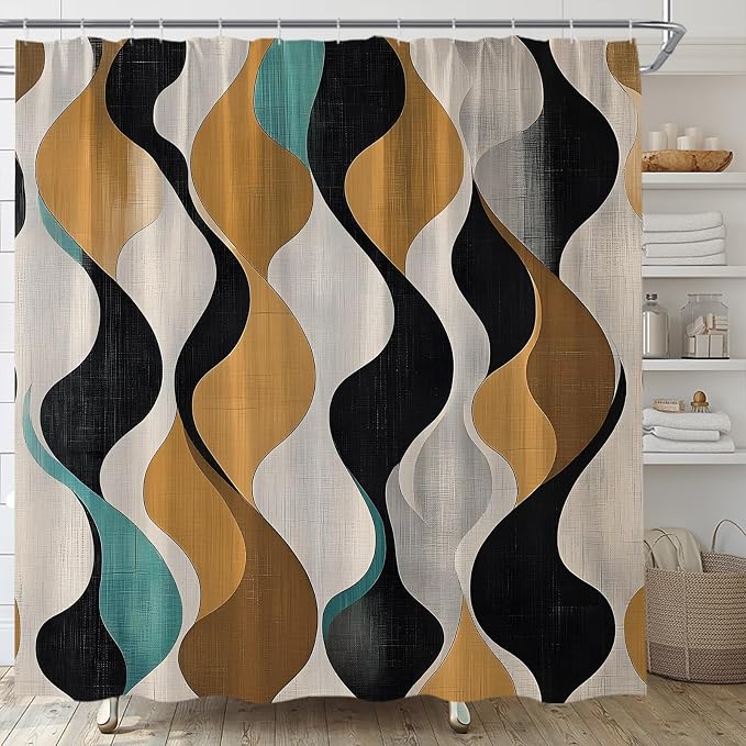 Mid Century Shower Curtain Boho Minimalist Modern Abstract Aesthetic Geometric Striped Atomic Retro Earthy Fabric Bathroom Decor Set with Hooks(47" WX70 H)