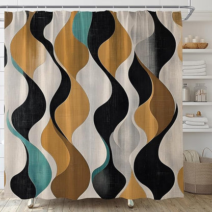 Mid Century Shower Curtain Boho Minimalist Modern Abstract Aesthetic Geometric Striped Atomic Retro Earthy Fabric Bathroom Decor Set with Hooks(47" WX70 H)