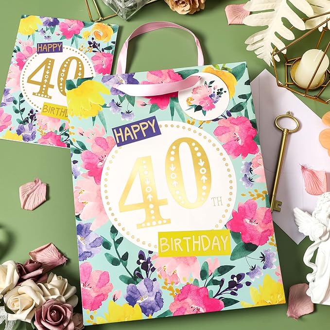 WRAPAHOLIC 13" Large 40th Birthday Gift Bag with Card and Tissue Paper - Floral 40th Birthday