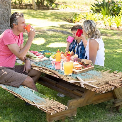 Picnic Table Cover with Bench Covers Elastic Edges, Beach Ocean Fitted Table Cover, Outdoor Patio Camping Essentials 72 Inch 3PCS, Waterproof Camping Fitted Tablecloth with Drawstring Bag