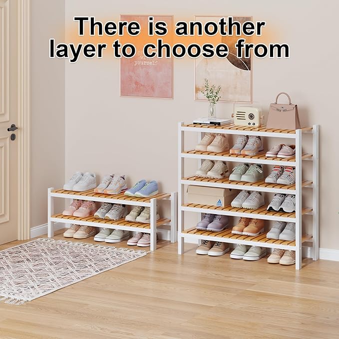 Bamboo Shoe Rack Organizer for Closet and Entryway-Space-Saving Narrow Shoe Stand-Versatile Shoe Holder for Door or Closet Shelf,Garage Bedroom can Freely Stack DIY Small Shoe Racks 2Tier Mixed color