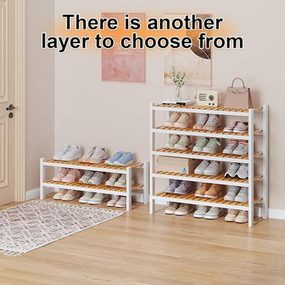 Bamboo Shoe Rack Organizer for Closet and Entryway-Space-Saving Narrow Shoe Stand-Versatile Shoe Holder for Door or Closet Shelf,Garage Bedroom can Freely Stack DIY Small Shoe Racks 2Tier Mixed color