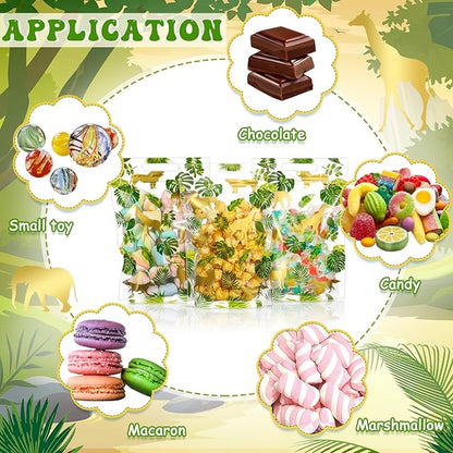 Pasimy 60 Pcs Safari Gift Bags Plastic Jungle Animal Print Favor Bags Safari Animal Palm Leaves Candy Treat Goodie Gold Handbags for Two Wild Jungle Birthday Party Baby Shower Supplies