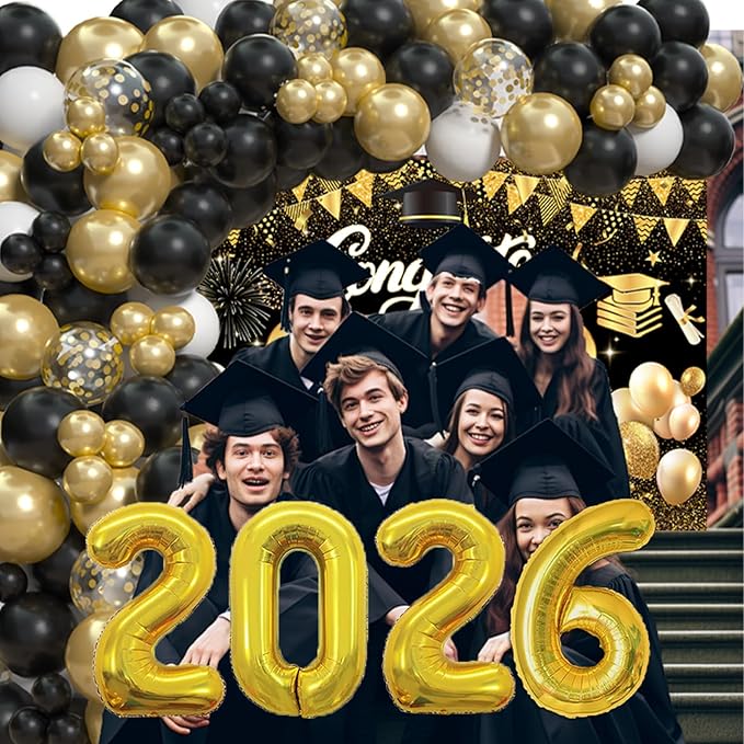 Black Gold 2026 Graduation Party Decorations - Graduation Balloon Arch Kit With Black Gold Graduation Balloons, Congrats Grad Backdrop, 2026 Foil Balloons For High College School Graduation Decor