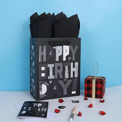 wishinside 2-Pack 10.6” Medium Black Happy Birthday Gift Bag Set with Greeting Cards and Tissue Papers for Men Boys Kids Teens, Cartoon Birthday Design, 2 Pcs