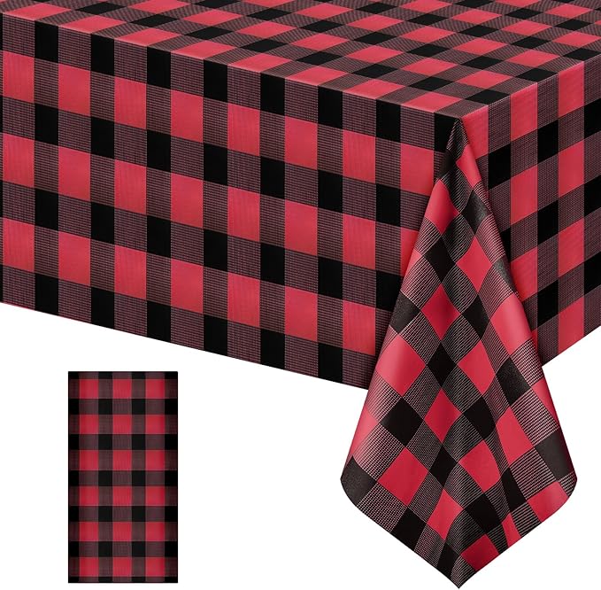 1 Pack Red Striped Gingham Tablecloths, 54 x 108 Inch Disposable Plastic Rectangle Table Covers, Waterproof Red and Black Checkered Table Cloths for Picnic, Birthday, Party, Outdoor Events
