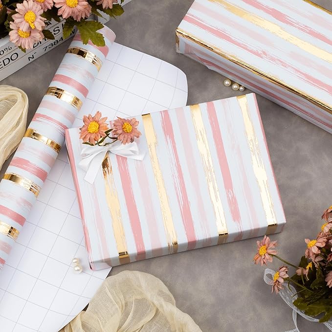 MAYPLUSS Girl Pink Wrapping Paper Roll - 17 Inch X 33 Feet - Elegant Thick Shimmering Stripe Pink Gold Foil Paper Baby Gift Wrap for Baby Shower, Wedding, Bridal, Birthday Party, Valentines Day