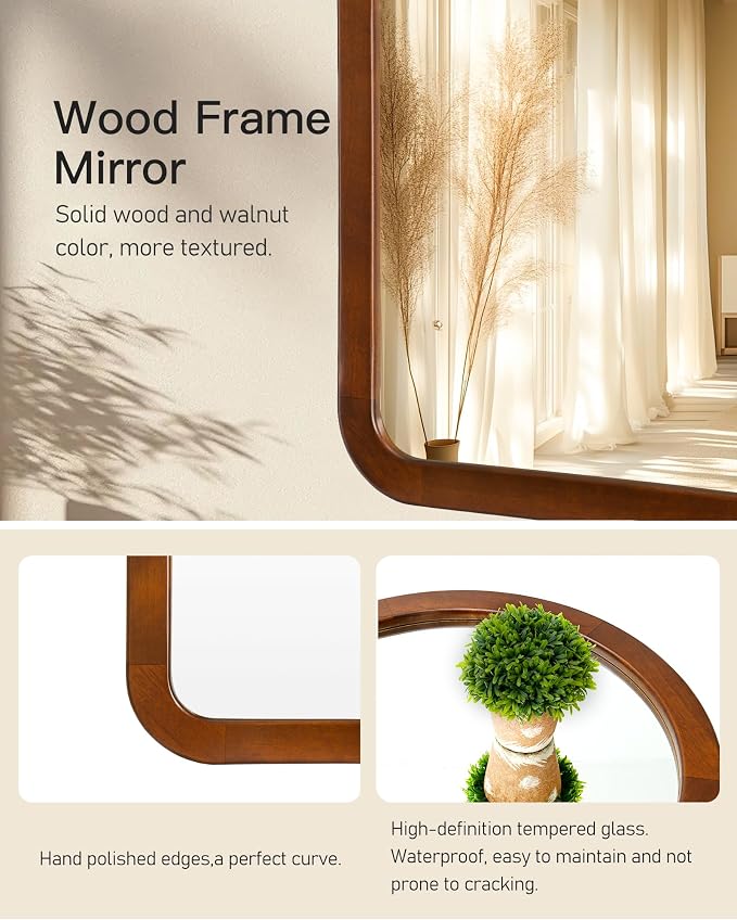 Arched Mirror 24 x 36 Inch,Walnut Brown Wood Rustic Bathroom Tempered Wall Mirror with Wood Frame,Round Corner Arch Farmhouse Wooden Vanity Mirror for Living Room,Entryway or Bedroom