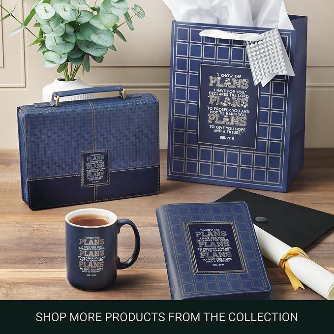 Christian Art Gifts Large Portrait Inspirational Scripture Gift Bag, Tag & Wrapping Tissue Paper Set for Grads: I Know the Plans Bible Verse, Sturdy Satin Ribbon Handles, Checkered Dark Blue & Gold