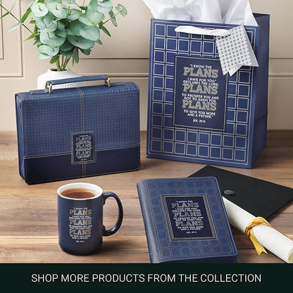 Christian Art Gifts Large Portrait Inspirational Scripture Gift Bag, Tag & Wrapping Tissue Paper Set for Grads: I Know the Plans Bible Verse, Sturdy Satin Ribbon Handles, Checkered Dark Blue & Gold