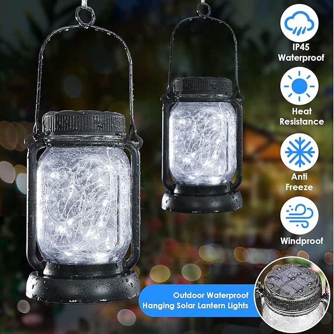 Mlambert Cool White 4 Pack Solar Hanging Mason Jar Lights with Stakes, Waterproof Decorative 30 LEDs Outdoor Solar Lantern Lamp Patio Garden Tree Yard