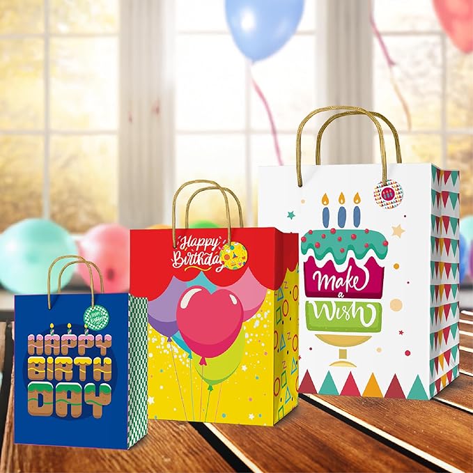 easykart labels 12 Birthday Gift Bags Assorted Sizes and Designs, XL 16", Large12 & Medium 9", Size Birthday Gift Bag for Boys, Girls