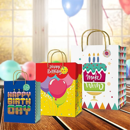 easykart labels 12 Birthday Gift Bags Assorted Sizes and Designs, XL 16", Large12 & Medium 9", Size Birthday Gift Bag for Boys, Girls