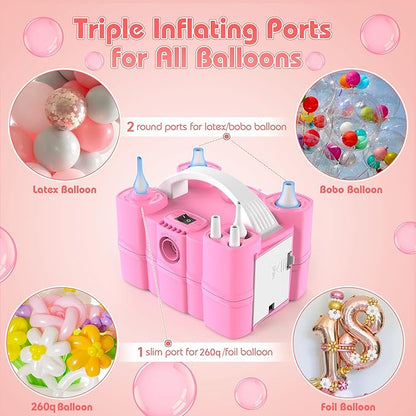 Balloon Pump, Triple Inflating Ports for 260q Foil Latex Mylar Balloon, 3-in-1 Electric Air Pump for Inflatables and Balloons, Inflator Deflator for Swimming Rings Air Mattress Pool Floats