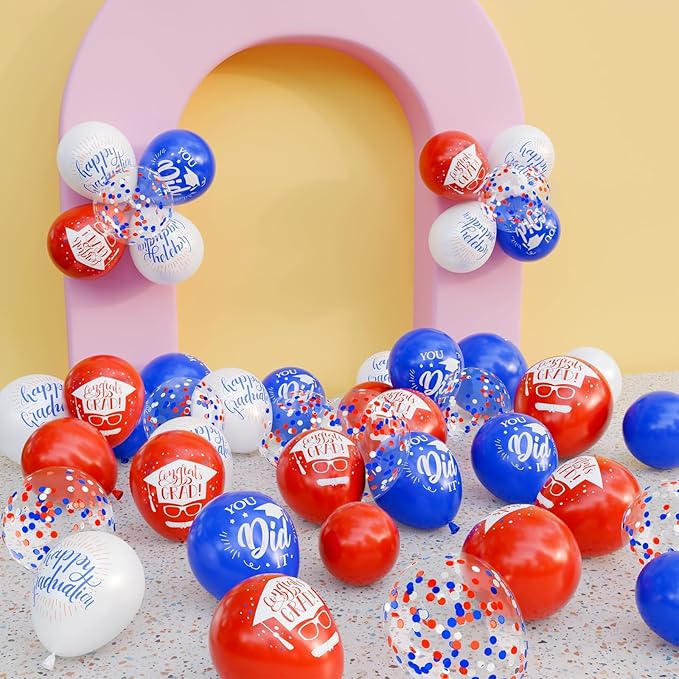 OuMuaMua 75Pcs Graduation Party Decorations Balloons Set - 12 Inch Congrats Navy Blue Red White Confetti Latex Balloons for Class of 2026 Graduation Birthday Party Decor Supplies