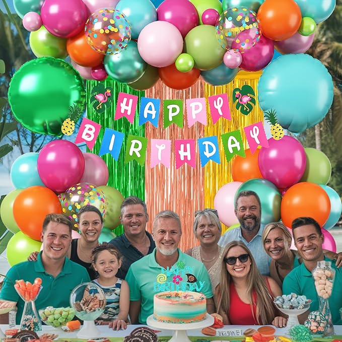 Hawaiian Tropical Birthday Party Decorations, Summer Luau Party Decoration Flamingo Birthday Banner Hot Pink Orange Teal Blue Green Metallic Balloons Cake Topper for Beach Baby Shower Aloha Supplies