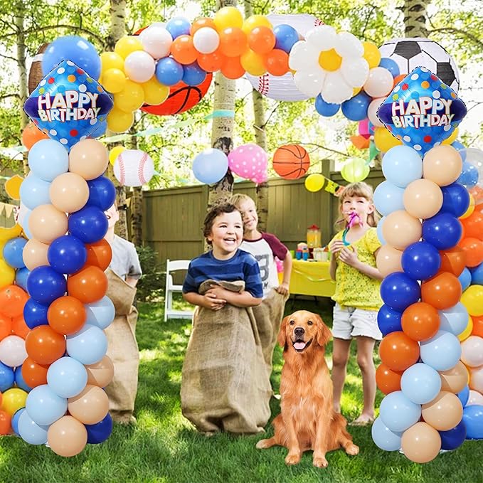 Blue and Orange Balloon Column Stand Kit Set of 2 with Birthday Banner, 7 Feet Height Orange Blue Adjustable Metal Balloon Towers for Cartoon Dog Theme Birthday Party Decorations Supplies