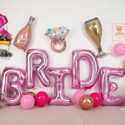 40inch Bride Balloons Pink Letters Banner, Bachelorette Party Decorations Set with Diamond Ring Champagne Bottle Balloon Glass Foil Balloon for Pink Bachelorette Engagement Wedding Bridal Shower Decor