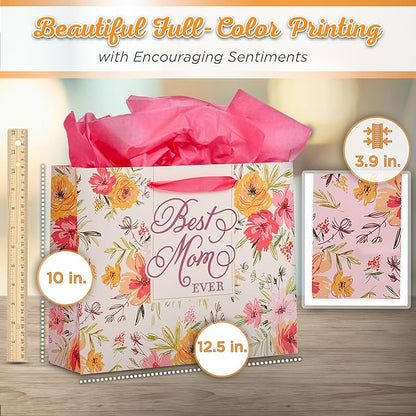Christian Art Gifts Three Piece Landscape Gift Bag w/Card & Tissue Paper Set for Mothers - Best Mom Ever & The Lord Delights in You - Isaiah 62:4, White, Orange & Pink Multi-Floral Arrangement, Large
