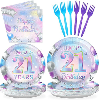 Grencian 96Pcs 21st Birthday Decorations Iridescent 21st Birthday Party Plates Disposable 350GSM Cheers to 21 Years Paper Tableware Set for Girls Women 21 Years Old Party Supplies Serves 24