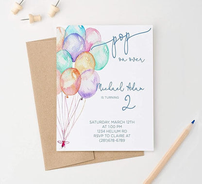 Modern Pink Paper Balloon Birthday Invitation for Boys, Balloon Invitations for Kids Party, Your choice of Quantity, Age, Info and Envelope Color