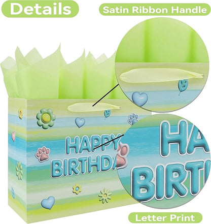 wishinside 13'' Large Birthday Gift Bag Set with Handles, Greeting Card, Tissue Papers and Stickers for Girls Women Kids Teens for Birthday Party, Girls' Parties, Birthday Design, 1 Pcs