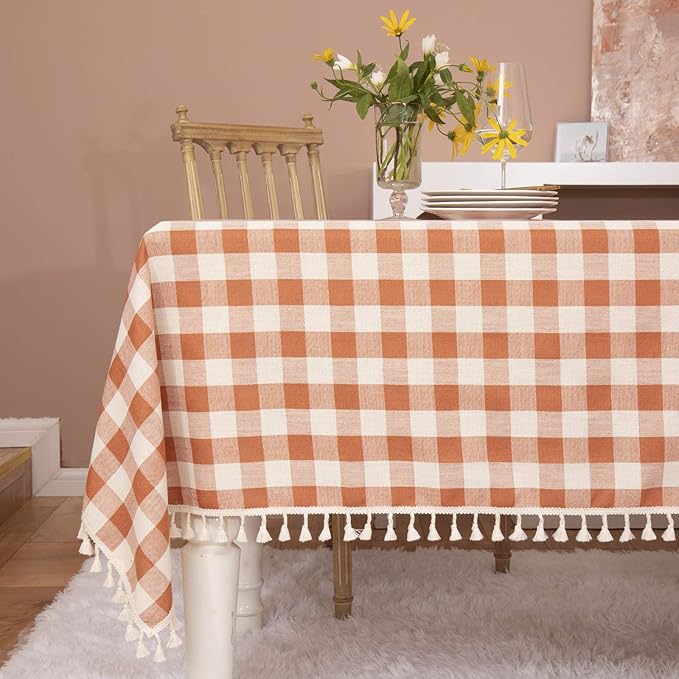 Rustic Gingham Tablecloth, Cotton Buffalo Plaid Table Cloth for Fall Thanksgiving Christmas Kitchen Restaurant Holiday Outdoor Picnic Decoration（Rectangle/Oblong, 55x102,Orange