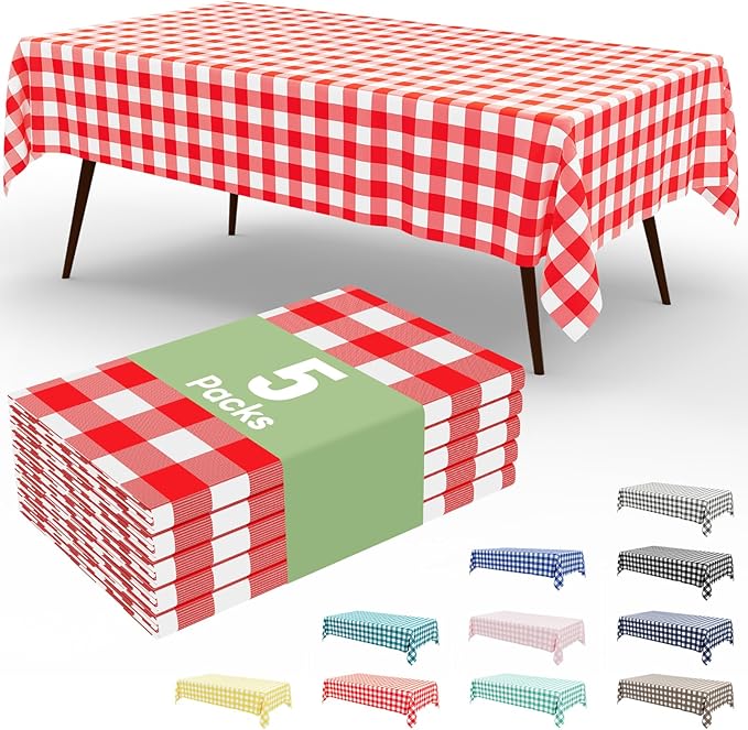 Smiry 5 Pack Red Gingham Disposable Tablecloths - 54" x 108" Heavy Duty Plastic Table Cloth, Waterproof Buffalo Plaid Table Covers for Picnic, Banquets, Outdoor Parties