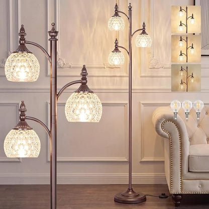 JUNNAI Brown Floor Lamps for Living Room 66.5in Vintage Standing Lamp with Glass Shade 3 Way Brightness Lights Mid Century Modern Pole Lights Corner Lamp for Bedroom Office(Bulbs Included)