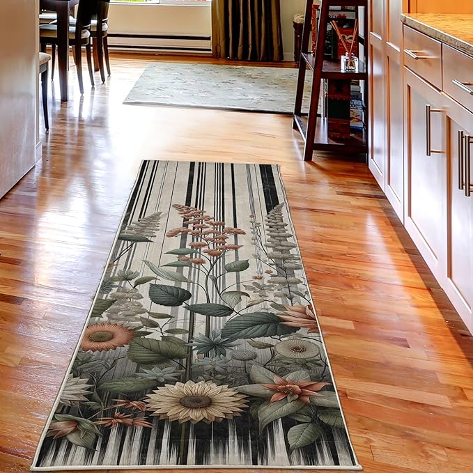 Ambesonne Botanical Decorative Rug, Nostalgic Garden Pattern with Flowers and Leaves on Retro Stripes, Quality Carpet Bedroom Dorm and Living Room, 2' 5" x 7' 5", Sage Green and Salmon