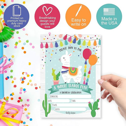 Hadley Designs Kids Birthday Invitations For Boys and Girls Mexican Theme - 25 Llama Birthday Party Invitations For Boys, Fiesta Invites For Girls, Cute Alpaca Cactus Party Supplies, Made In USA
