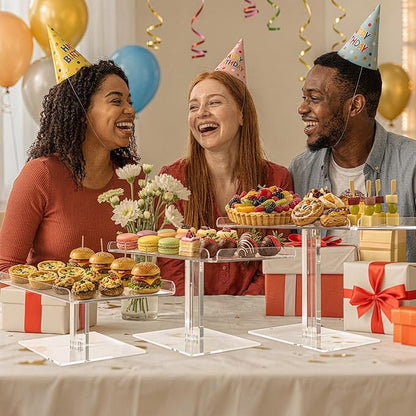 Jusalpha Set of 3 Acrylic Cupcake Stand, 3 Tiered Party Serving Tray, Clear Rectangular Dessert Display, Heavy Duty Construction (Rectangle-Bottom Disconnect)
