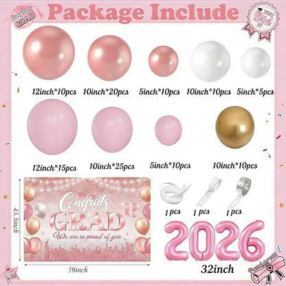 Pink Graduation Balloon Arch Kit 2026 with Rose Gold Balloons, Grad Backdrop, 2026 Foil Balloons for Prom Girl's High School College Graduation Party Decorations